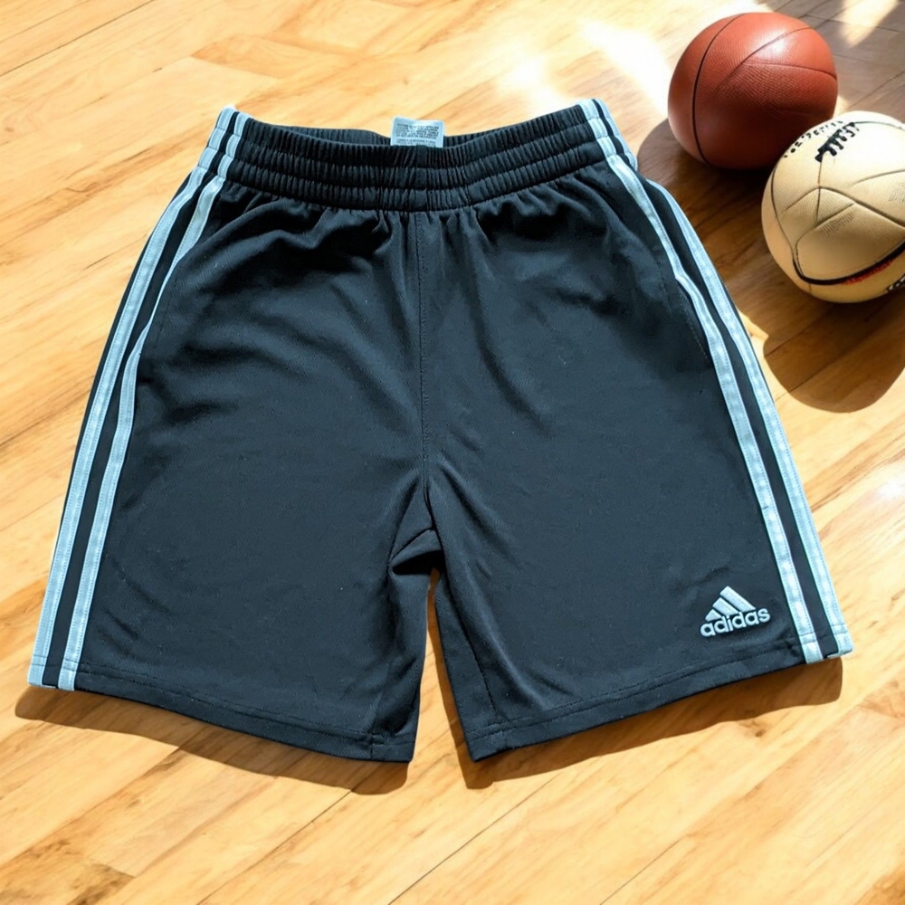 Adidas Big Boy Shorts Activewear Black Pockets Drawstring Three Stripes